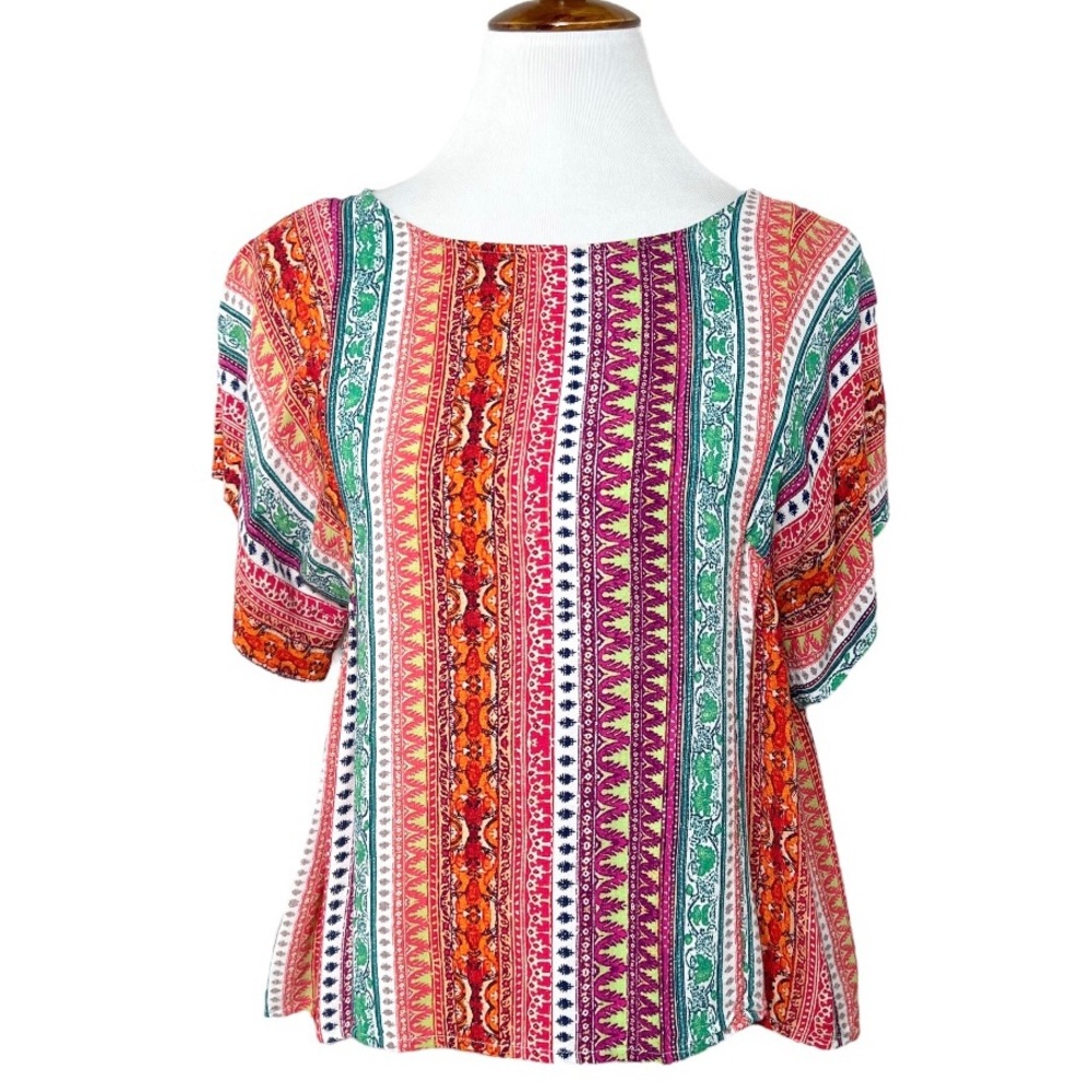 Anthropologie Colorful Tribal Striped Pink Green Blue Short Sleeve Box Top S